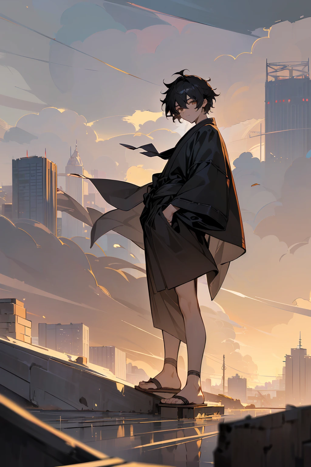 ((perfect generation, masterpiece quality, 1male, male focus, looking at viewer, solo, teenager,))

faded black hair, short, messy hair, brown eyes, sclera, calm expression, open black robes, bandages, sandals, hands to side, detailed eyes,

((feudal japan, city, cloudy sky, morning, full body))