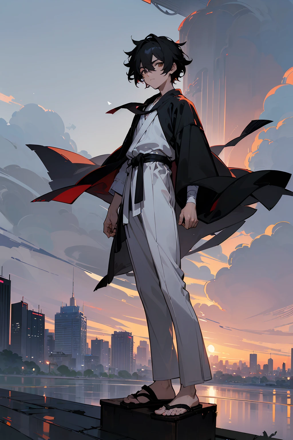 ((perfect generation, masterpiece quality, 1male, male focus, looking at viewer, solo, teenager,))

faded black hair, short, messy hair, brown eyes, sclera, calm expression, open black robes, bandages, sandals, hands to side, detailed eyes,

((feudal japan, city, cloudy sky, morning, full body))