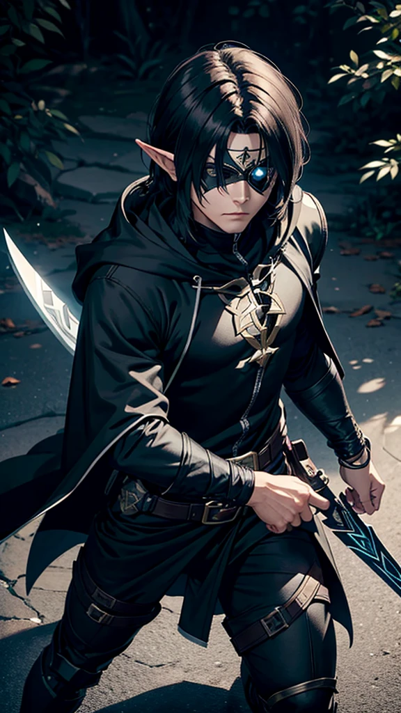 A male half elf in a black ranger outfit with a hooded cloak on the shoulders on the left eye an eyepatch on the back a longsword holstered with black messy hair