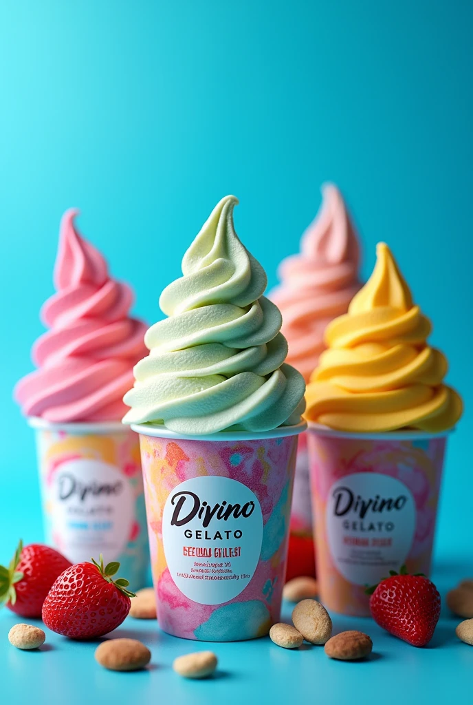 Blue background with DIVINO GELATO ice creams and popsicles