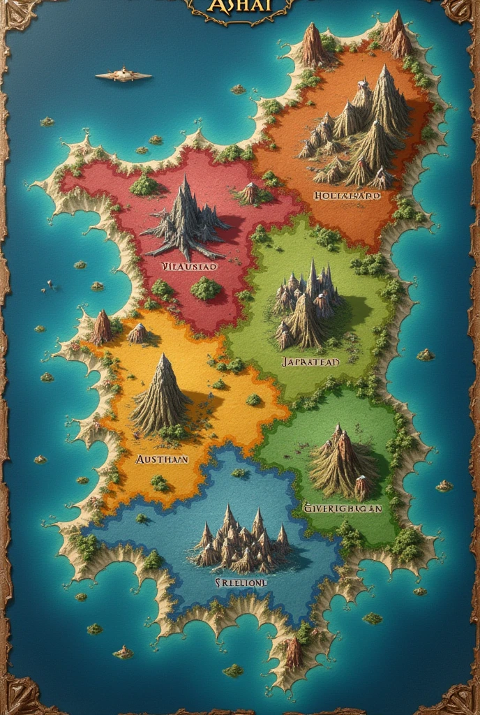 Make a map with 7 regions, each region is represented by a color
North: Located at the top of the map, the North is a mountainous region covered in dense forests. The Fauwes' castle, Eternal Ice, is located in the center of the mountains to the north.
Golden Islands: Located to the west, along the coast of the mainland, the Golden Islands are an archipelago with several smaller islands and one main one, where the Porto de Ouro dos Coels castle is located.
Vale: Located southeast of the Golden Isles, the Vale is a mountainous, verdant region. The castle High Everbean Vale sits on a mountain peak, surrounded by forests.
The Reach: In the south-central region, the Reach is a vast expanse of fertile fields and vineyards, with the Hendrikks' Verdegard castle at the heart of the cultivated lands.
West: Occupying the western region of the continent, below the Golden Isles, the West is a coastal strip with large ports. The Jahnssen Westport Castle stands on the coast, facing the sea.
The Gullet: Located east of the Reach, the Gullet is a region of swamps and misty forests. The Hargreaves' Black Mist Castle is hidden deep within the swampy forest.
Viladella: Located in the south of the map, Viladella is an arid, desert region. The Yara castle Hotsands lies in the center of the dry plains.
The map of Asshai is drawn with these regions clearly delimited, each occupying its own specific part of the continent, with landscapes that reflect the unique characteristics of each area.
and put the name of each region
