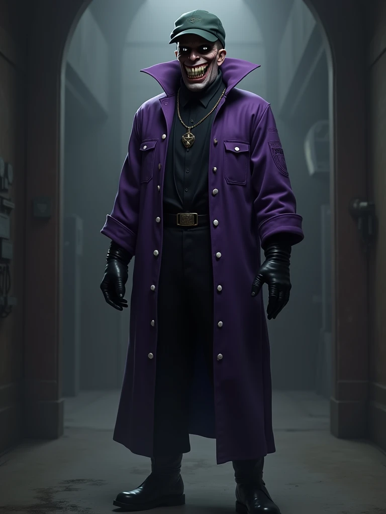 A mysterious male character with a menacing vibe. The character is dressed in a dark purple jumpsuit with white buttons, paired with a black long-sleeved shirt underneath. His face has an unsettlingly wide smile, revealing sharp, exaggerated teeth. His eyes are completely black as the void, giving the character a sinister and mysterious appearance, he wears a dark green cap that covers his hair. The character's hands must be covered with large black gloves and must wear black boots. The overall color scheme should contrast dark and gloomy elements with the dark purple of the jumpsuit. (Realistic style)
