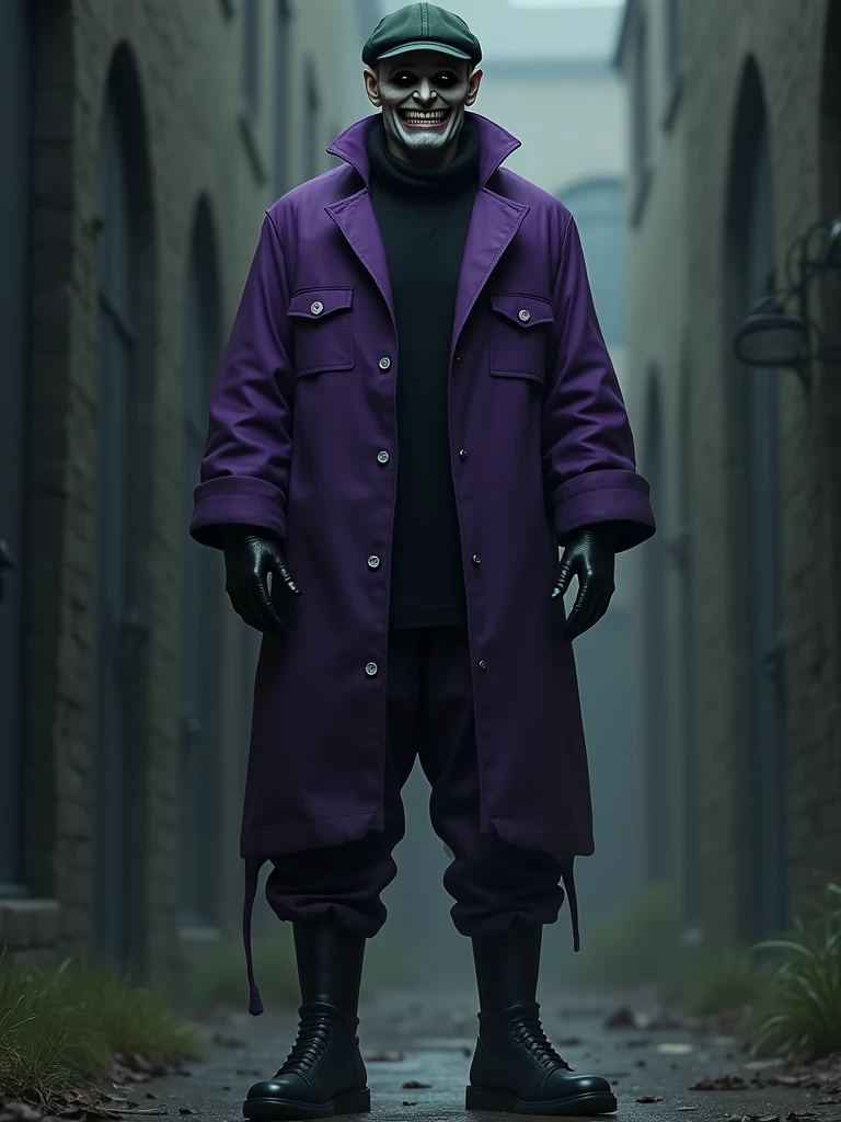 A mysterious male character with a menacing vibe. The character is dressed in a dark purple jumpsuit with white buttons, paired with a black long-sleeved shirt underneath. His face has an unsettlingly wide smile, revealing sharp, exaggerated teeth. His eyes are completely black as the void, giving the character a sinister and mysterious appearance, he wears a dark green cap that covers his hair. The character's hands must be covered with large black gloves and must wear black boots. The overall color scheme should contrast dark and gloomy elements with the dark purple of the jumpsuit. (Realistic style)