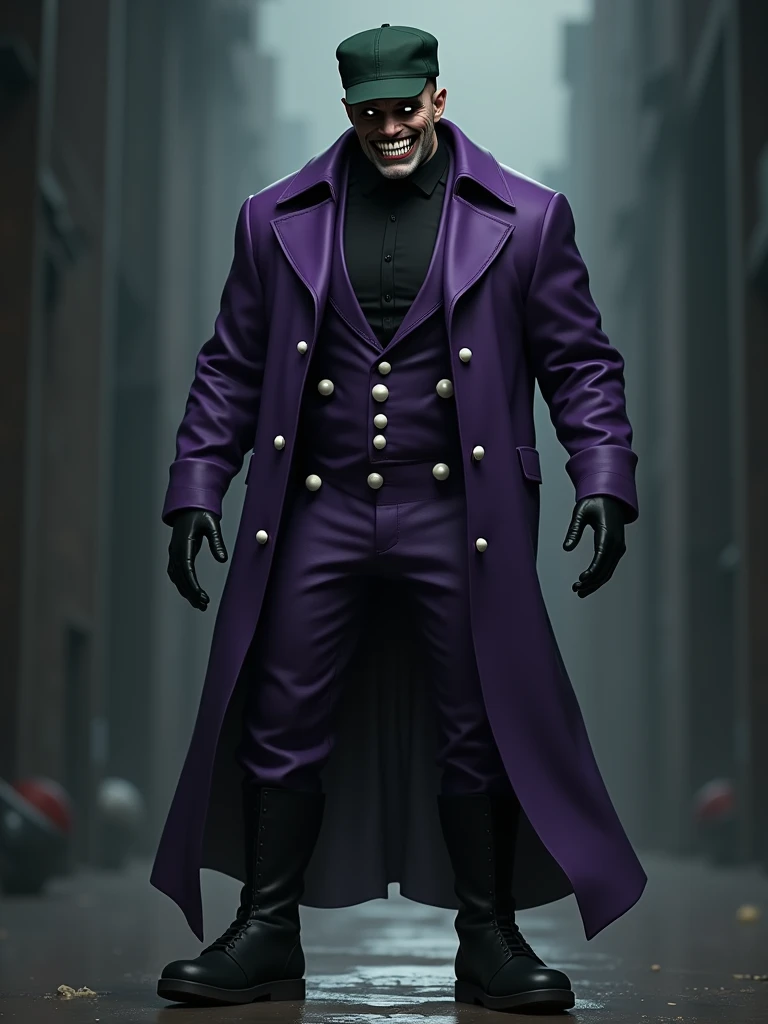 A mysterious male character with a menacing vibe. The character is dressed in a dark purple jumpsuit with white buttons, paired with a black long-sleeved shirt underneath. His face has an unsettlingly wide smile, revealing sharp, exaggerated teeth. His eyes are completely black as the void, giving the character a sinister and mysterious appearance, he wears a dark green cap that covers his hair. The character's hands must be covered with large black gloves and must wear black boots. The overall color scheme should contrast dark and gloomy elements with the dark purple of the jumpsuit. (Realistic style)