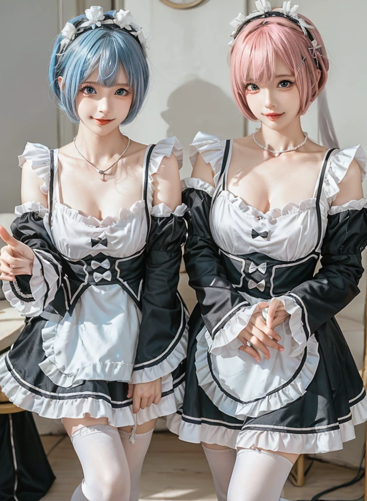 Accurate depiction with high resolution,(8K, Photorealistic, Raw photo, of the highest quality: 1.3), (1girl in), Super beautiful, (Realistic face), (boyish, pink Color Berry Shorthair), Beautiful , Glare that captivates the viewer, Beautiful expression, Beautiful breasts, (Realistic skin), Be...Create a detailed and colorful image of Ram and Rem from Re:Zero, standing back-to-back in their maid outfits, with a magical fantasy background、14years old, two girls,cute, perfect face, beautiful, nice body, gothic lolita clothes, gothic lolita fashion, frilly skirt, headdress, necklace, bracelet, knee-high socks, boots, double eyelids, tear bags, Detailed down to the fingers, photo-like description, indoors, dim indoor lighting, one girl is pink hair and short bob, another girl is light blue hair and short bob,standing,whole body, composition that shows the whole body, smiling,The Both of them are wearing the same type of maid outfit,Optimal ratio of 4 fingers and 1 thumb,walking