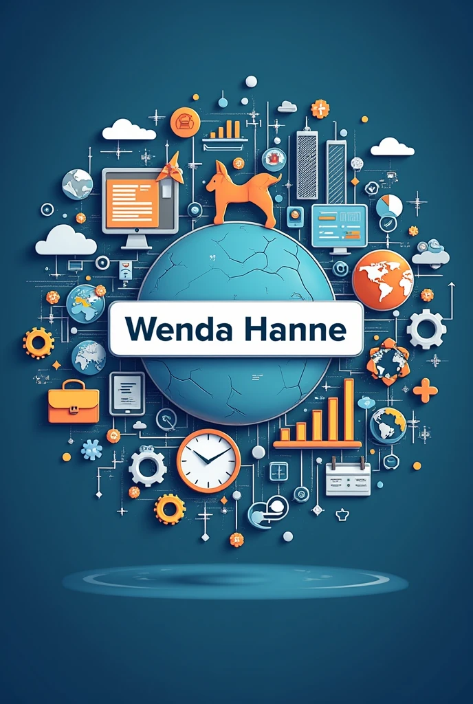 Professional portrait cover for LinkedIn cover containing management elements, companies, office and the name Wenda Hanne in the middle of the elements, no photo of people, only symbols. Interact the name more with the elements