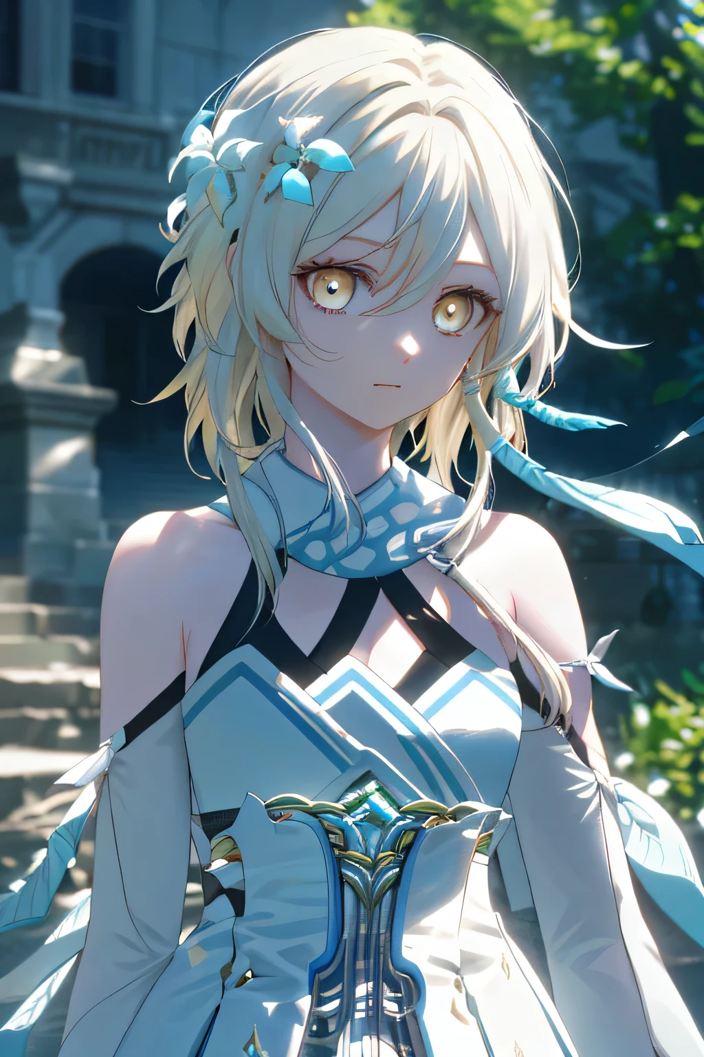 Lumine with a soft smile, standing in an exterior setting with a blue sky, long white hair flowing, gazing directly at the viewer, on a stairway with moody lighting, a genre painting style, (best quality,4k,8k,highres,masterpiece:1.2),ultra-detailed,(realistic,photorealistic,photo-realistic:1.37),beautiful detailed eyes,beautiful detailed lips,extremely detailed eyes and face,longeyelashes,intricate details,cinematic lighting,dramatic shadows,vibrant colors,dreamlike atmosphere