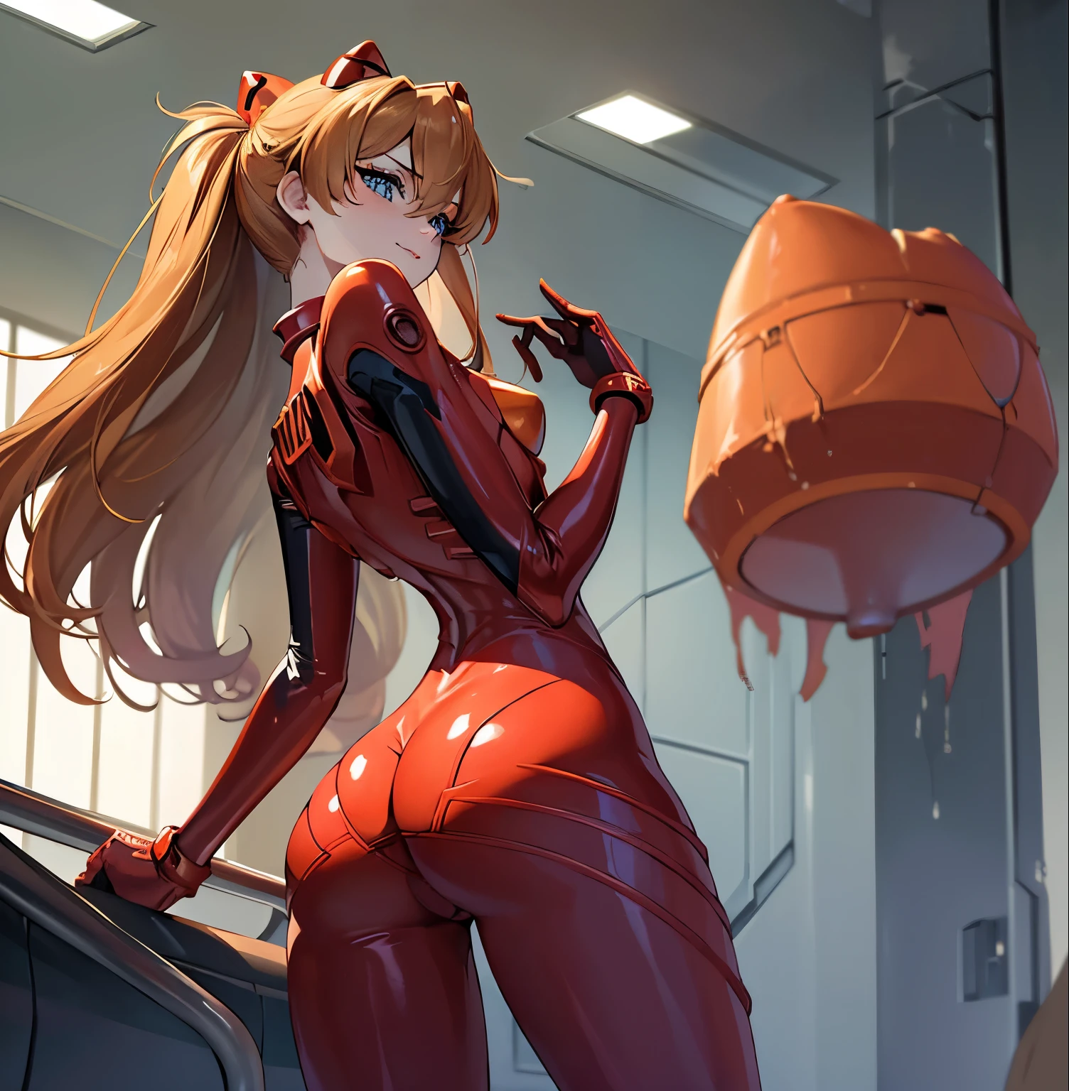 ((1girl)),((alone)),Asuka Langley,(masterpiece), (best quality), (ultra detailed), (best illustration), (best shadow), (absurdities), sharp focus, cowboy shot , dynamic posture looking at the viewer, small breasts, narrow waist, wide hips, wide thighs, round butt, erotic, romantic, (very detailed eyes, lips 1.1), very detailed eyes, eyes, Very detailed face, Very beautiful face, height full, beautiful slim figure, femininity, expressive appearance, elastic small breasts, sexuality, 2, orange hair, medium hair, perfect proportions, (Asuka Langley, plug-in suit 02:1.2)), ((Blue eyes, beautiful face, eyes beautiful))), moist eyes, bright eyes, thin face, thin lips, narrow eyes, thin pale eyebrows, long eyelashes, long lower eyelashes, model taking a pose with hands on hips, sullen look, (Shine Red High -Gloss Suit: 1.1), Dark red bodysuit that shines like a mirror (dark red rubber suit with strong metallic shine and smooth surface), (Large connection terminals under the chest of precision circles: light metallic and silver: 1.3 )), Precision circular Metal shoulder and silver large connection terminals: 1.1, light metallic green part of the shoulder blade, beautiful female hands wearing tight-fitting red latex gloves (black tie latex with a strong metallic shine on the inside of the arm), two simple black wide latex from thighs to buttocks, (full body composition standing in model pose with realistic details: 1.1), accurate simulation of light-matter interactions, defined body, perfect and beautiful body, perfect and beautiful, closed mouth, smile, seductive smile, blushing, (sexy pose: 1.2), ((solo)), standing: 1.3, outdoor, cyberpunk cityscape, streets, city, lights neon, city lights, rain, night, looking back, from behind, ((focus on ass:1.3)), point of view: (from below), red blush, perfect anatomy, perfect hands