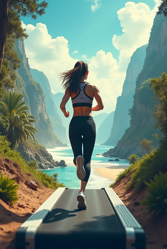 A woman running on a treadmill and several different landscapes .