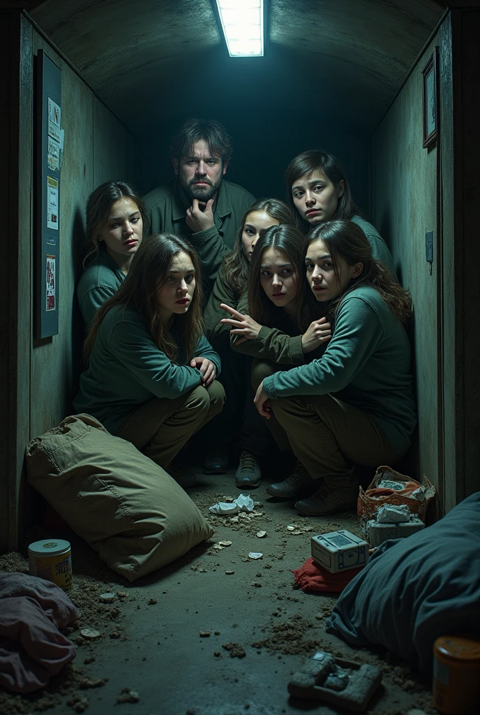 Scared people hiding in a bunker in the future