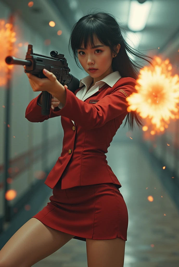 beautiful young chinese stewardess mini skirt realistic machine gun toting toting hip firing real person legs apart standing rampage shooting side target facing


