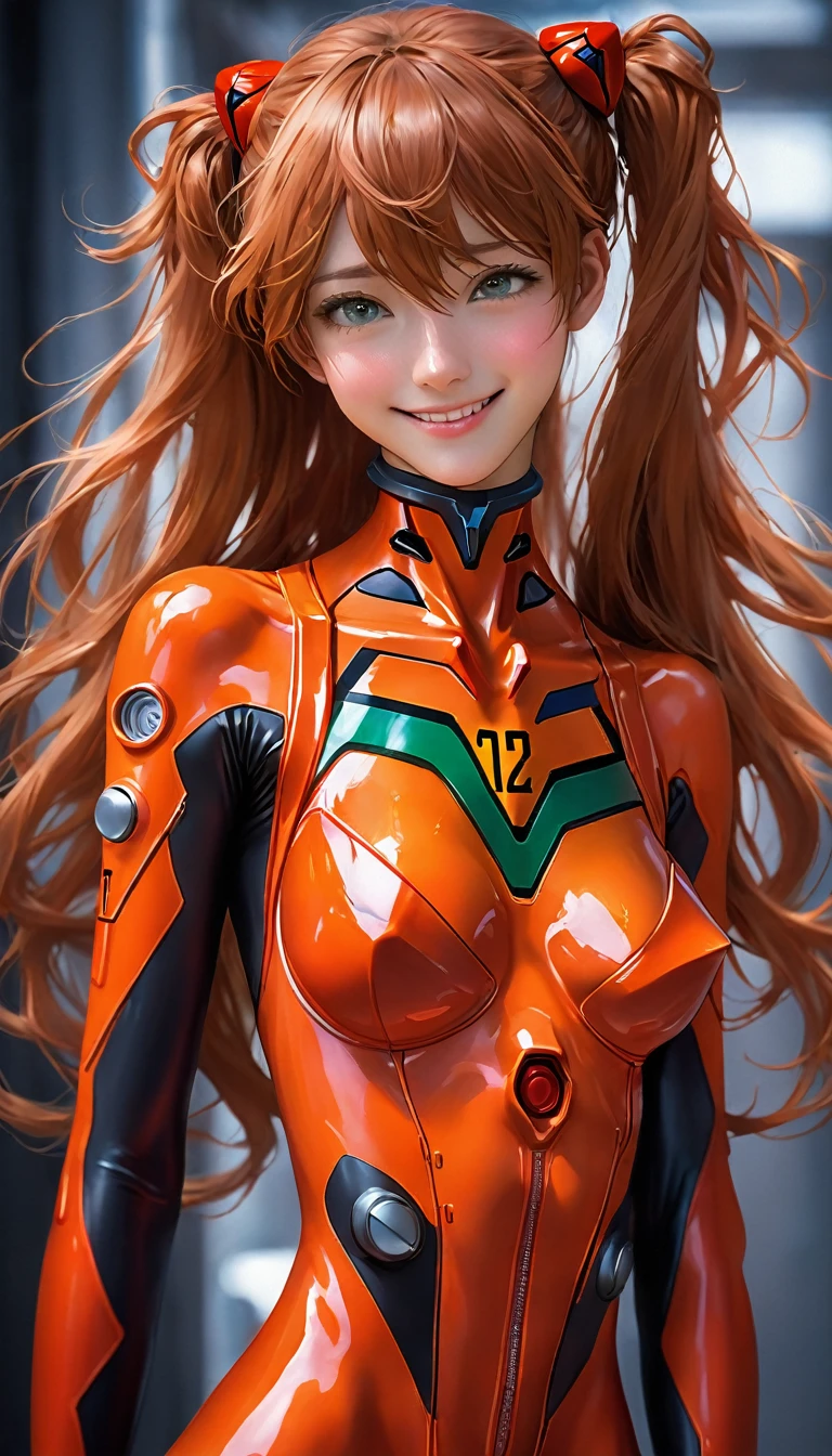 full body real - Live - action adaptation of a 3d character of Asuka Langley Soryu in a sexy plugsuit, charming face, NeonGenesis Evangelion cool expression. blush, breasts, looking at the viewer, smile, masterpiece, The best quality, anatomically correct, 