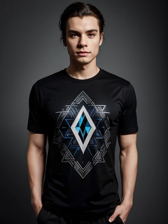 A strikingly stylish man wearing custom designed tshirt, tshirt has elden ring design, elements of elden ring on tshirt