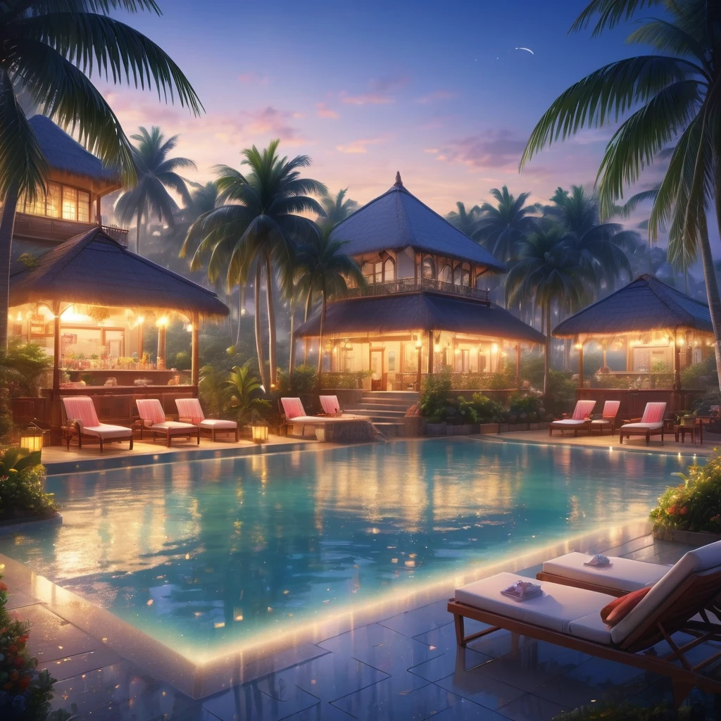 night.night.night view.It is a comfortable and relaxing resort....A luxurious and elegant mansion hotel.The modern and beautiful city seen from afar is famous as a resort..A beach with a beautiful sea view.An outdoor pool.On the table is a cool glass filled with iced soda and delicate fruit., night燈光令人眼花缭乱, The sea seen from afar, Palm trees and coconut groves visible in the distance, Romantic and beautiful environment, Optimistic Matt, Beautiful digital artwork, Cozy cafe, Beautiful and detailed scenes, Relaxation concept art, 8k high quality detailed art, 4K의 very detailed 디지털 아트, very detailed 장면(night場景.warm light)(best quality,4K,8k,high resolution,masterpiece:1.2),very detailed,(In fact,photoIn fact,photo-In fact:1.37),bokeh background,
