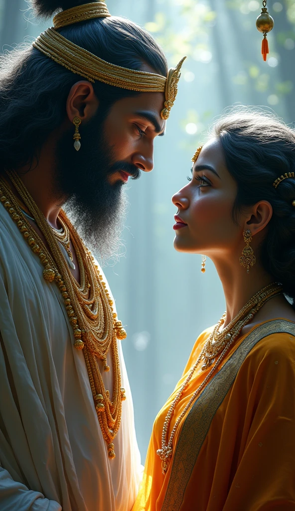 Yamraj’s Surprise:** Yamraj, surprised and impressed, looking at Savitri with a contemplative expression, realizing her dedication and intelligence.