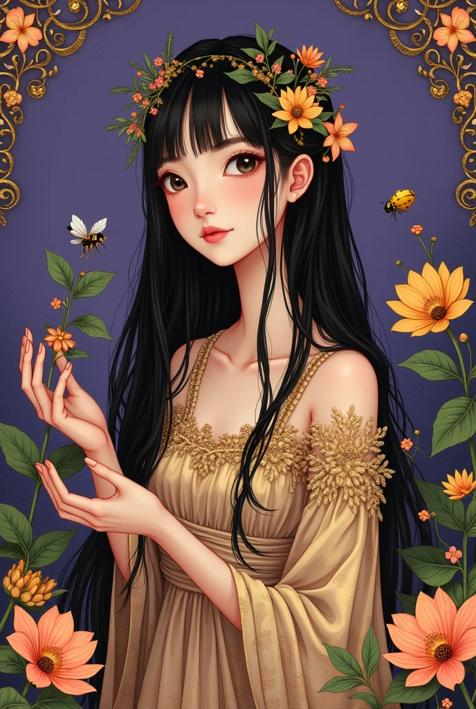 A girl with black long straight hair, face look aside, with full whole beautiful body, long dress, hands holding a bee and a lady bug, purple background, flowers on background, in klimt style, golden details, 4k