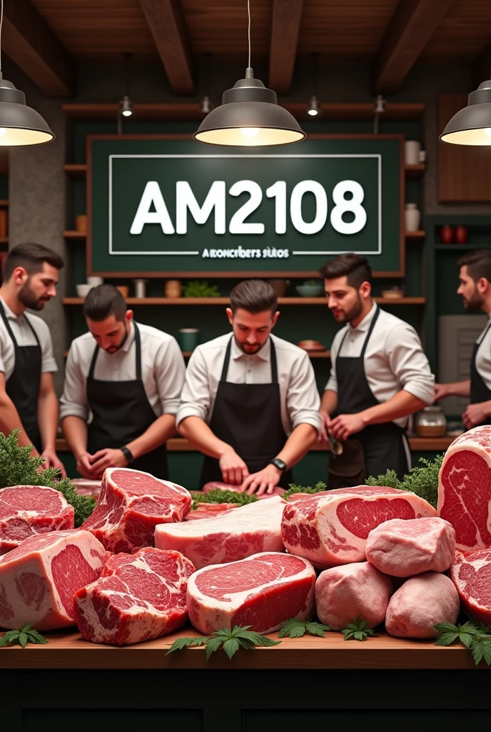 (photorealism:1.2), butcher shop with text investments AM2108, add cuts of meat