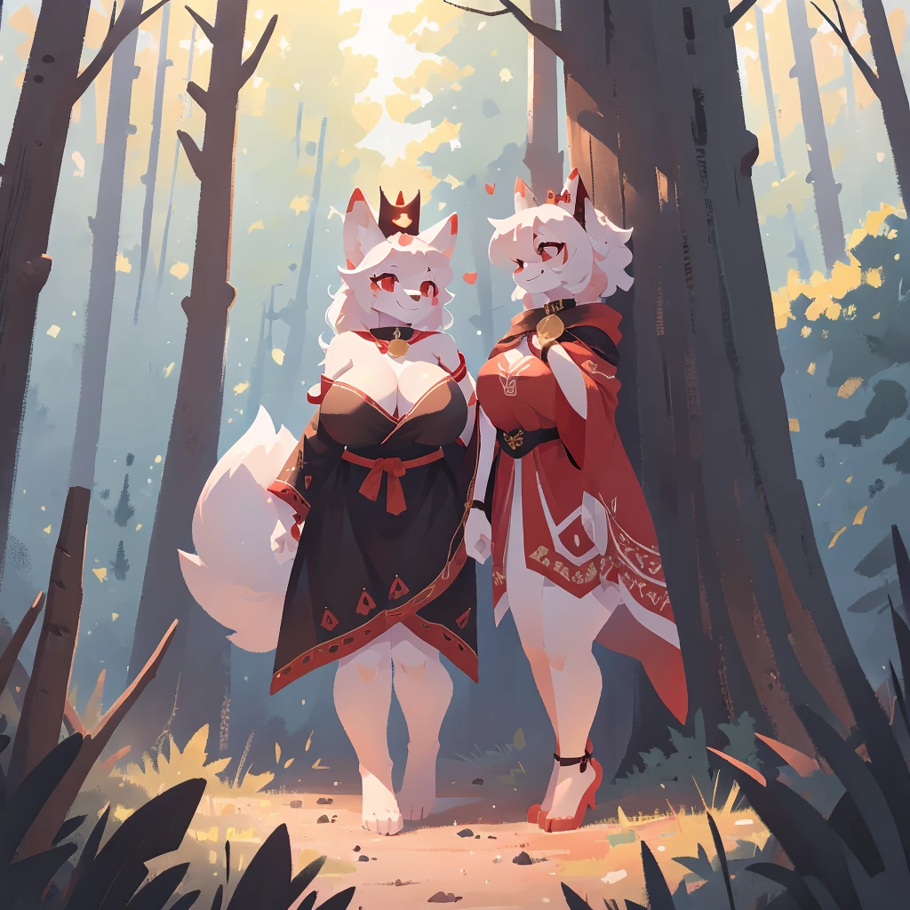 Female white and red kitsune, black crown, big breasts, big thighs, big ass, red patterns on body, red swirls on body, red tipped ears, 3 white fluffy tails with red tip attached to back of pelvis, Pretty red eyes, white fur tufts, wearing red and black royal robe that covers her chest and thighs and ass, smile,2d,4k,8k,detailed,hi res,absurd res, collar, in forest, happy, facing the camera, standing, bracelet on left arm, tree background, pretty, thicc, mommy, cult leader, Safe For Work, The Red Crown, updn, lined art