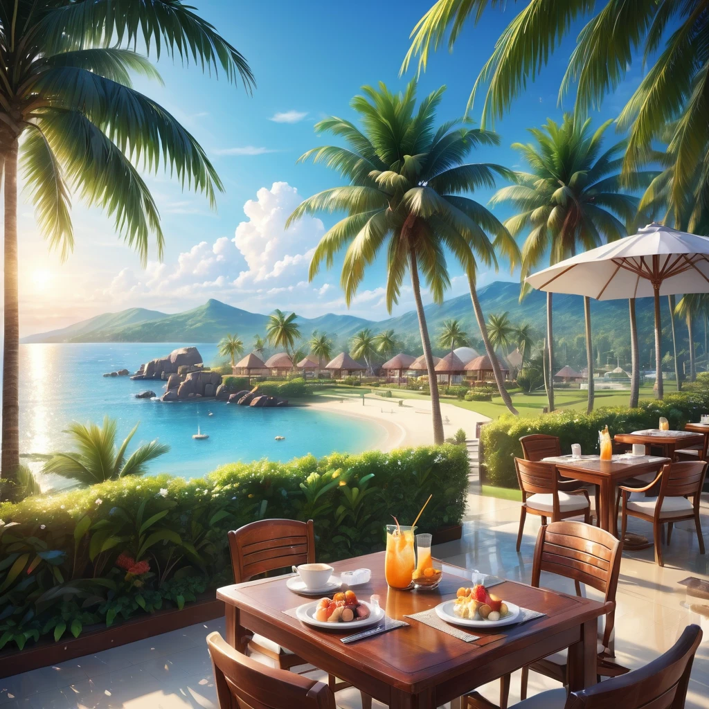 It is a comfortable and relaxing resort....A luxurious and elegant mansion hotel.The modern and beautiful city seen from afar is famous as a resort..A beach with a beautiful sea view.An outdoor pool.On the table is a cool glass filled with iced soda and delicate fruit., The midday sun is dazzling., The sea seen from afar, Palm trees and coconut groves visible in the distance, Good environment, Optimistic Matt, Beautiful digital artwork, Cozy cafe, Beautiful and detailed scenes, Relaxation concept art, 8k high quality detailed art, 4K의 very detailed 디지털 아트, very detailed 장면(Noon scene.warm light)(best quality,4K,8k,high resolution,masterpiece:1.2),very detailed,(In fact,photoIn fact,photo-In fact:1.37),bokeh background,