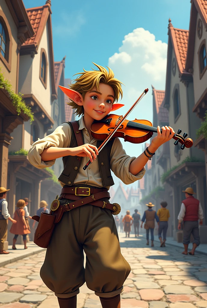 Create a bard, elfo, Youngh, happy, playing the violin in the public square of a medieval town, he is wearing simple classic adventurer clothes, everything in the art of tite kubo.