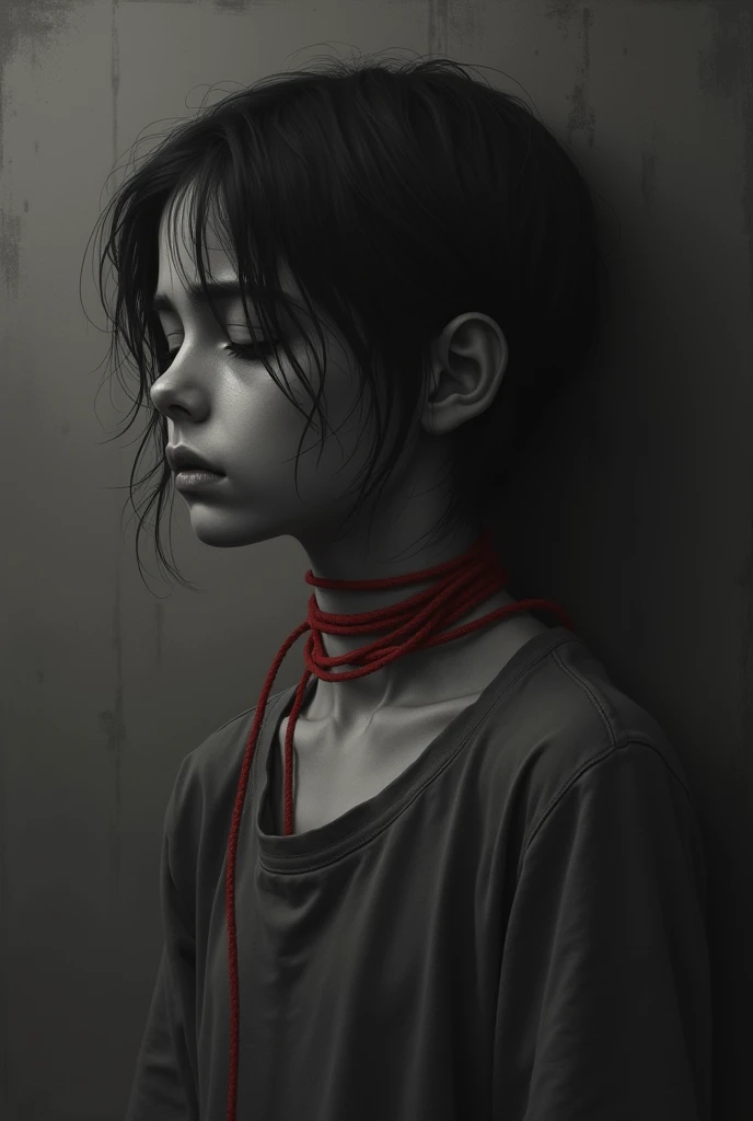 A sad ager with a thin red thread around her neck suffocating her, all in black and white except the thread
