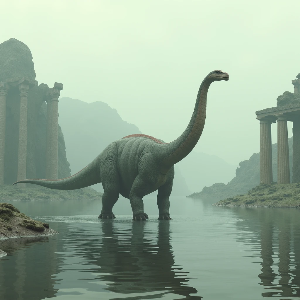 A diplodocus wades in a shallow lake beside a desolate ruin of unfamiliar design.