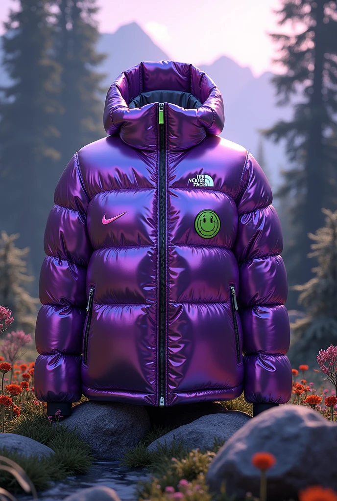 Create a hyper-realistic image that highlights a chunky puffer jacket in a metallic purple hue, with a soft sheen that enhances the quilted texture. The jacket should display the Nike logo on the right shoulder and The North Face logo on the left side of the chest, as well as small neon symbols such as a green smiley and a stylized target sight.
Setting: Place the jacket in a natural setting with a dense, shadowy forest, towering mountains in the background, and areas of swiddens and vibrant colorful flowers scattered around. Add a gradient in shades of purple and white graphite elements to create a sense of movement and energy.
Lighting: Lighting should be soft, highlighting the details of the jacket with rays of light filtered through the trees and illuminating the flowers. The light should create a futuristic and mysterious atmosphere.
Additional Detail: Include a Greek statue, depicting a muscular stone bust, as part of the scenery. The statue should contrast with the modernity of the