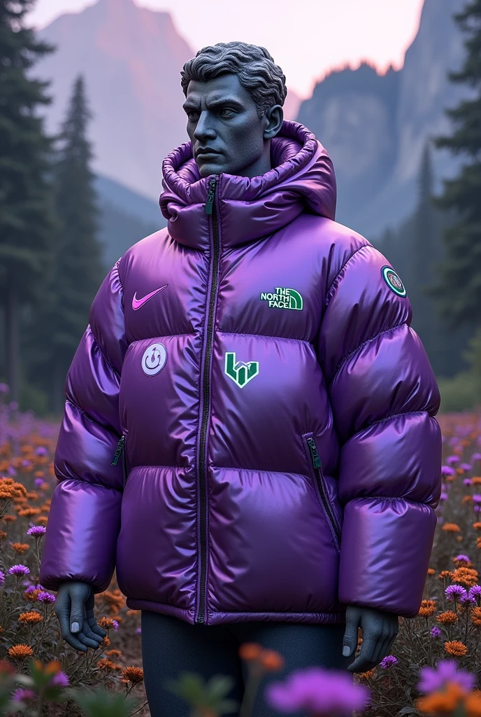 Create a hyper-realistic image that highlights a chunky puffer jacket in a metallic purple hue, with a soft sheen that enhances the quilted texture. The jacket should display the Nike logo on the right shoulder and The North Face logo on the left side of the chest, as well as small neon symbols such as a green smiley and a stylized target sight.
Setting: Place the jacket in a natural setting with a dense, shadowy forest, towering mountains in the background, and areas of swiddens and vibrant colorful flowers scattered around. Add a gradient in shades of purple and white graphite elements to create a sense of movement and energy.
Lighting: Lighting should be soft, highlighting the details of the jacket with rays of light filtered through the trees and illuminating the flowers. The light should create a futuristic and mysterious atmosphere.
Additional Detail: Include a Greek statue, depicting a muscular stone bust, as part of the scenery. The statue should contrast with the modernity of the