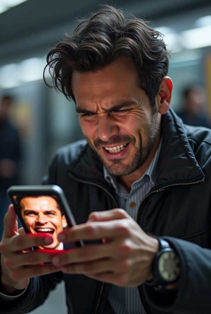 frustrated man booking railway ticket while mobile is laughing with own mouth & eyes at him