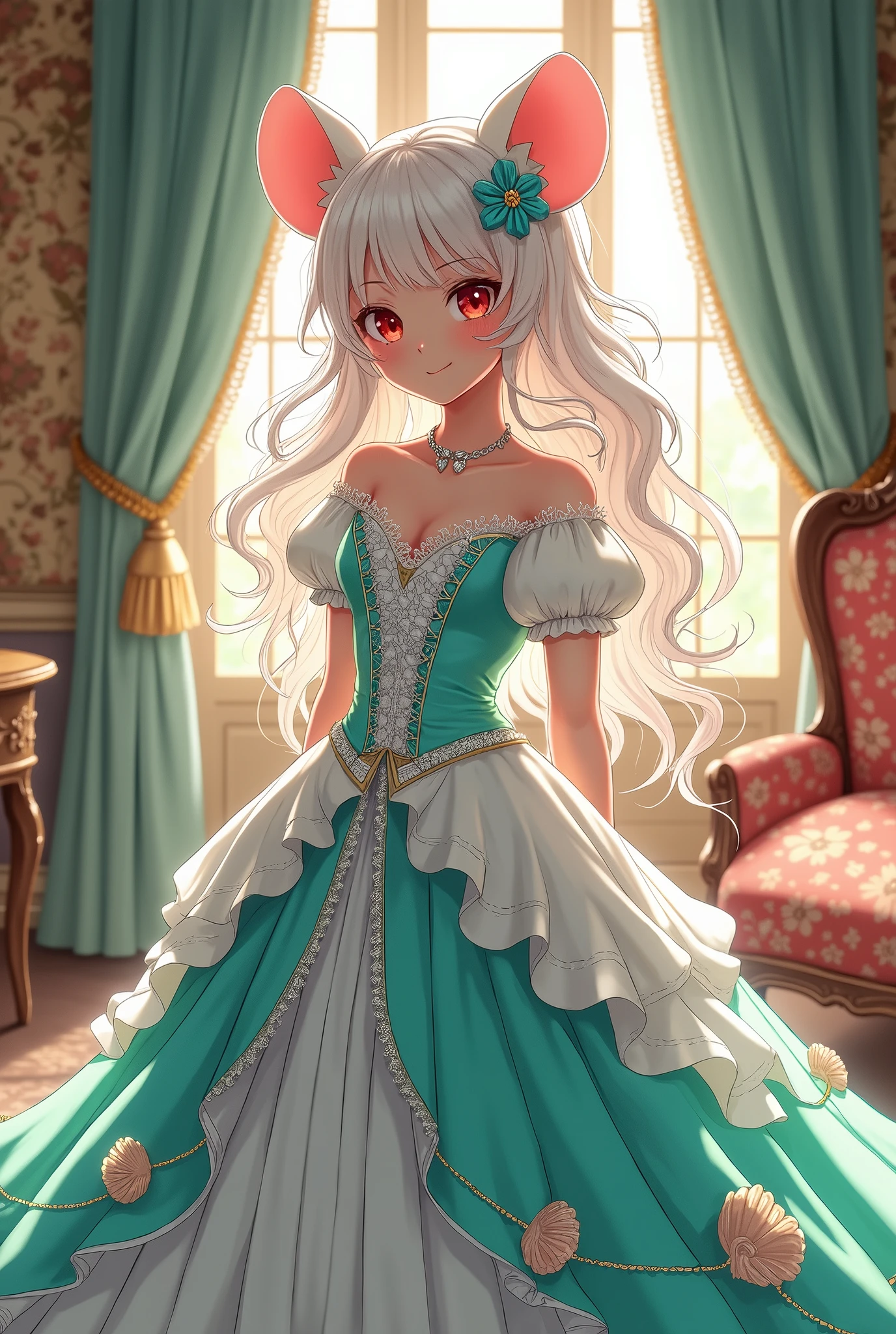 (best quality,4k,8k,highres,masterpiece:1.2), ultra-detailed, Pretty albino girl has a princess, drawn in 2D anime style, steampunk, wearing a iridescent turquoise and white princess gown with puffy sleeves, steampunk, gorgeous frilly dress design,flowing gown, elaborate lace details,rich textures,contrast stitching,delicate ribbon bows, seashells embroidery, full skirt with ocean wave pattern,short sleeves,fitted waistline,flared cuffs,lace-up back,luxurious fabrics,flawless silhouette, long curly white hair and red eyes, white fur, smiling, mouse ears and tail, ribboned high heels, white elbow evening gloves, gold bracelets, tiara made of seashells, beautifully detailed lips with lipstick, long eyelashes, eyeshadow, seashell necklace, in a castle bedroom with intricate decoration and luxurious furniture, flower wallpaper, she is happily checking her new princess dress.