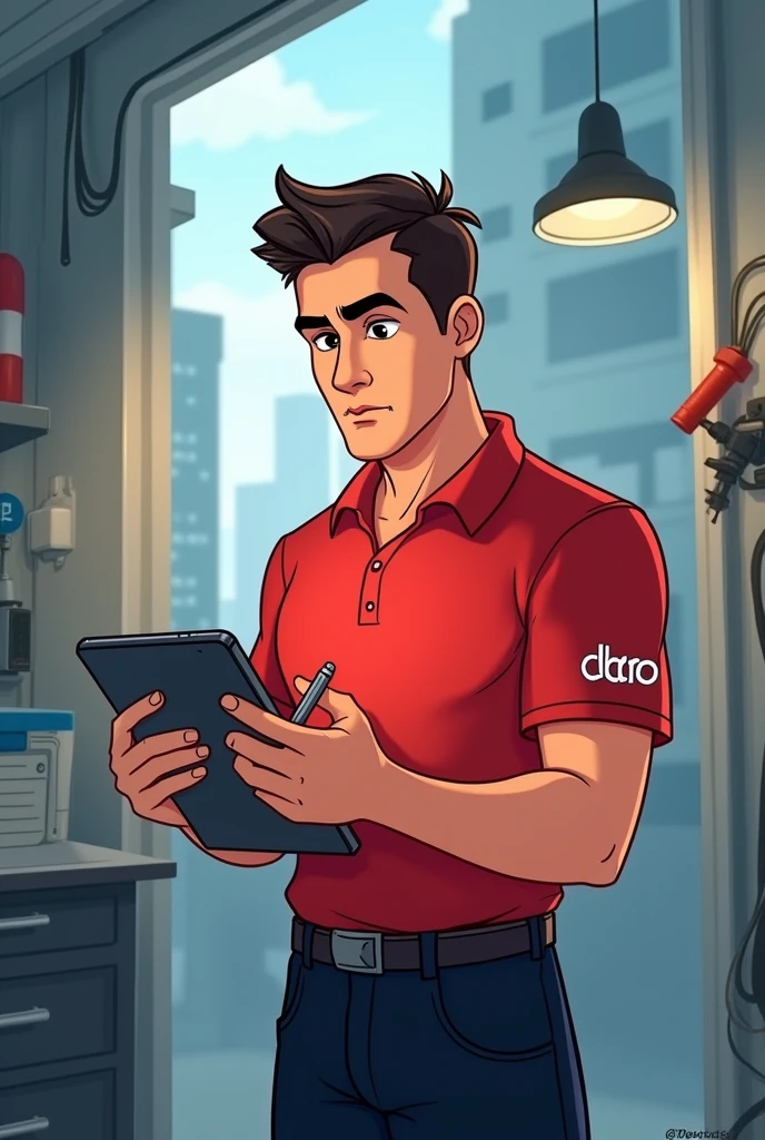 Disney style drawing of a telecom technician wearing a red t-shirt and black pants with the Claro logo on his arm and writing something down on a tablet with a serious air
