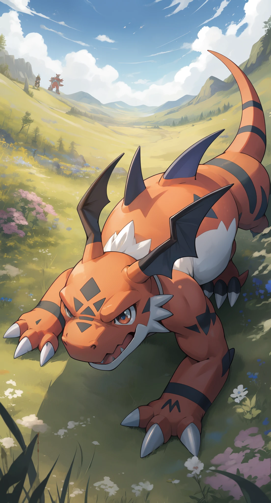 Show the whole body,Highest quality, masterpiece, scale,Delicate face,Delicate eyes,High-density illustration,sauce_アニメ, , Official Art, masterpiece,Detailed Eyes,guilmon(Digimon),Full of energy, No correction, Daytime,grassland,The adventure begins！,Curious Face,I&#39;m excited,View Viewer,wonderful,Written boundary depth, Perfect lighting, (Particles of light),(Highest quality),(masterpiece),(Ultra Deshipped),Sharp focus,Particles of light whole body blue