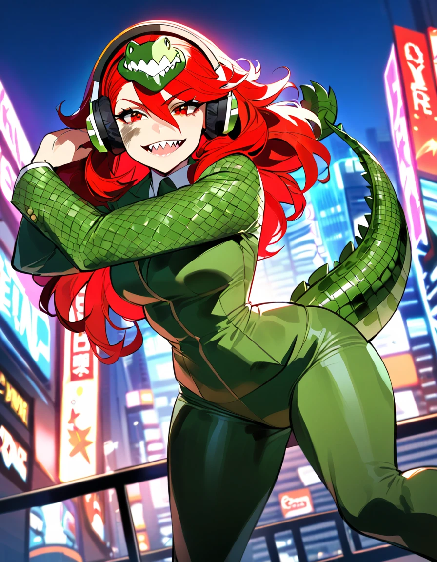 One, superhero, beautiful girl, girl in dark green suit, green combat boots, sharp teeth, confident smile, Red eyes, dirty hair, long hair, fluffy hair, crocodile suit, Bodysuit, белые headphones, headphones, connected to the suit, funny, young, facial hair, facing the camera, city background, city lights, power, Red hair, beautiful pose, crocodile tail, middle , A seductive angle, leaning against the wall 