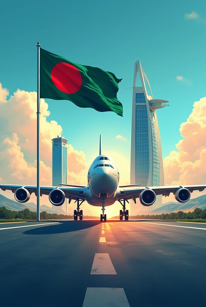 Generate AI image for GoZayaan that shows it's journey of becoming a leading travel company of Bangladesh. Keep one big plane , Hotel, a Airport .try to keep the colour of GoZayaan's logo and add Bangladeshi flag .