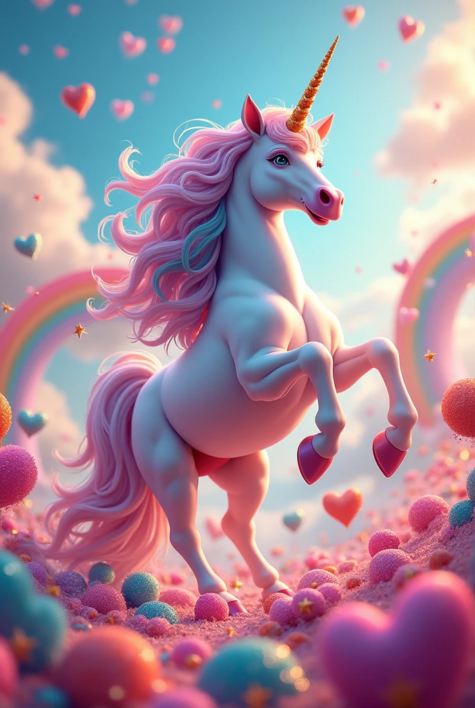 Unicornio grande rainbow grande y fuerte , hearts, rainbow, lots of glitter and stars and candy