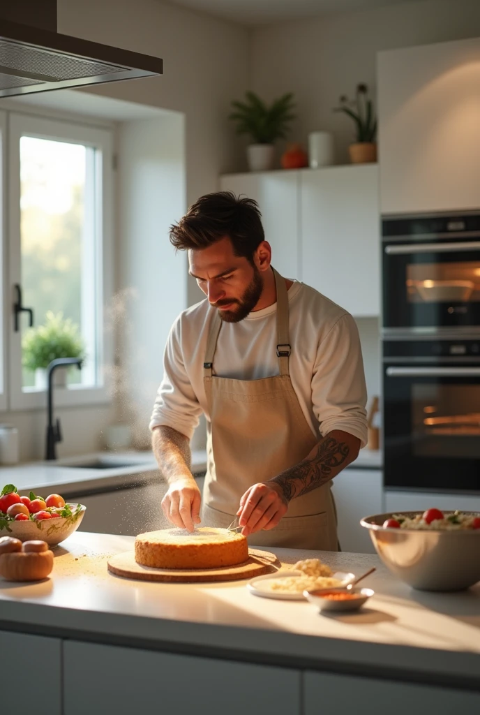 Messi cooking a cake in a lit oven in his white kitchen