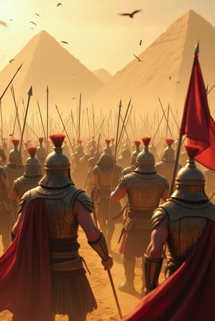 in ancient egypt,Egyptian warriors,fight,Persian warriors, in the battle of the plush,cinematic,realisitic,4K