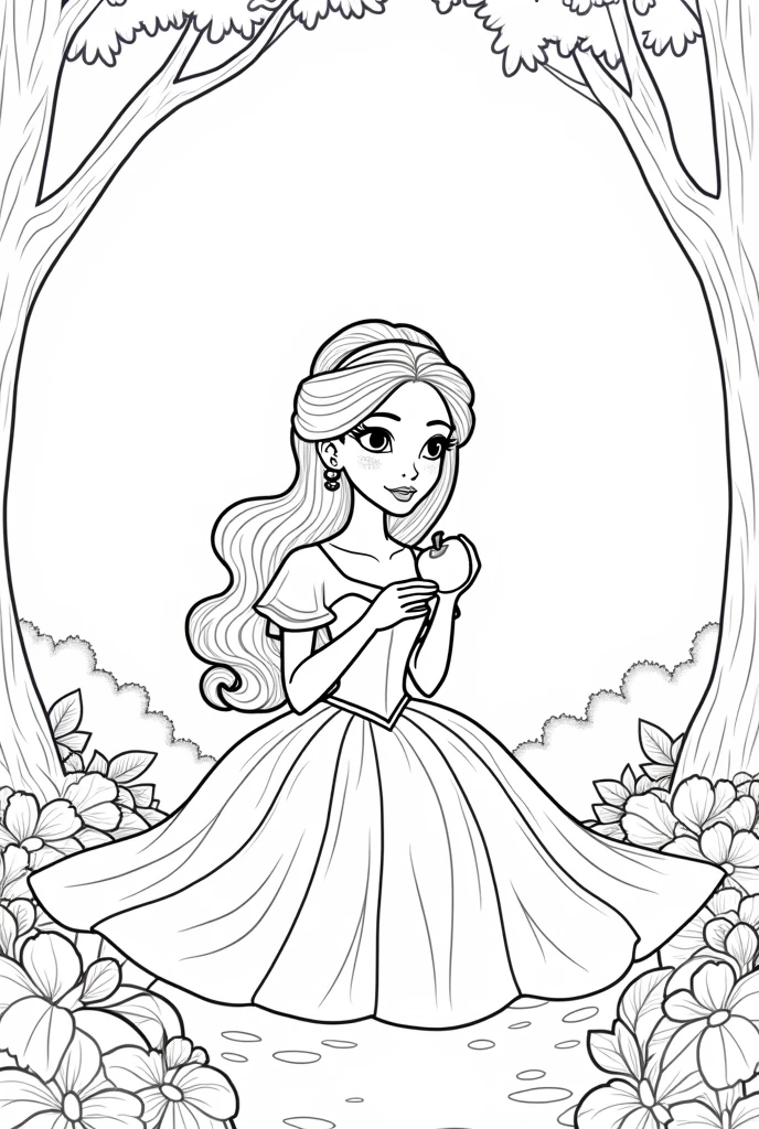 Stress-free coloring, page with image of princess with scenery eating an apple in the forest cartoon style, linhas grossas, uncolored, totally white background, only lines. Beautiful appearance.