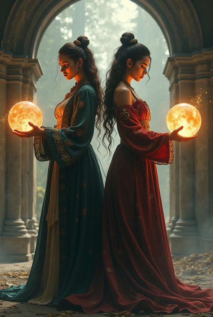 Magical caretakers Eveline and Lyra in ancient clothes with spheres of light in their hands in a defensive pose at the asylum ( They are already of legal age)