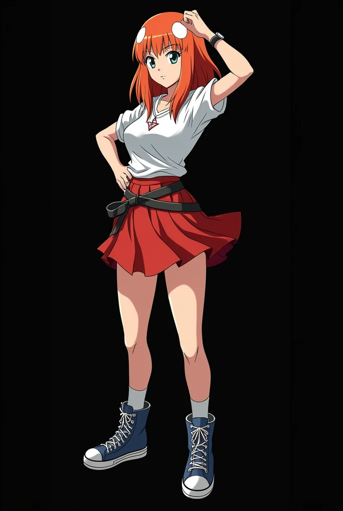 A full body image of an 1 girl named Hana Watanabe, personagem do anime "dragonball z", she is very beautiful, with medium length straight fire-colored hair with two white highlights in the front, framing your face. She has blue-green eyes and pale skin.. she is a Wiccan, she is in fighting pose. she wears a pentagram necklace, skirt, ¾ socks and high-top women's boots. It is drawn with Akira Toryama's animation. black backdrop.