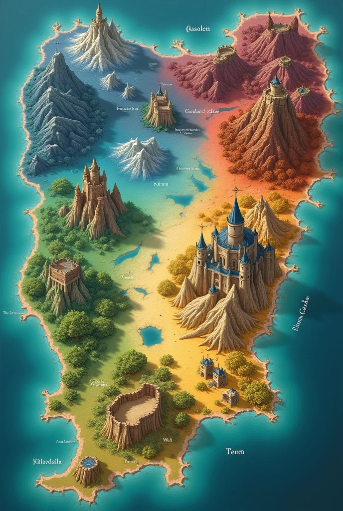 Make a map more realistic for a book with 7 regions, each region is represented by a color
North: Located at the top of the map, the North is a mountainous region covered in dense forests. The Fauwes' castle, Eternal Ice, is located in the center of the mountains to the north.
Golden Islands: Located to the west, along the coast of the mainland, the Golden Islands are an archipelago with several smaller islands and one main one, where the Porto de Ouro dos Coels castle is located.
Vale: Located southeast of the Golden Isles, the Vale is a mountainous, verdant region. The castle High Everbean Vale sits on a mountain peak, surrounded by forests.
The Reach: In the south-central region, the Reach is a vast expanse of fertile fields and vineyards, with the Hendrikks' Verdegard castle at the heart of the cultivated lands.
West: Occupying the western region of the continent, below the Golden Isles, the West is a coastal strip with large ports. The Jahnssen Westport Castle stands on the coast, facing the sea.
The Gullet: Located east of the Reach, the Gullet is a region of swamps and misty forests. The Hargreaves' Black Mist Castle is hidden deep within the swampy forest.
Viladella: Located in the south of the map, Viladella is an arid, desert region. The Yara castle Hotsands lies in the center of the dry plains.
The map of Asshai is drawn with these regions clearly delimited, each occupying its own specific part of the continent, with landscapes that reflect the unique characteristics of each area.
and put the name of each region