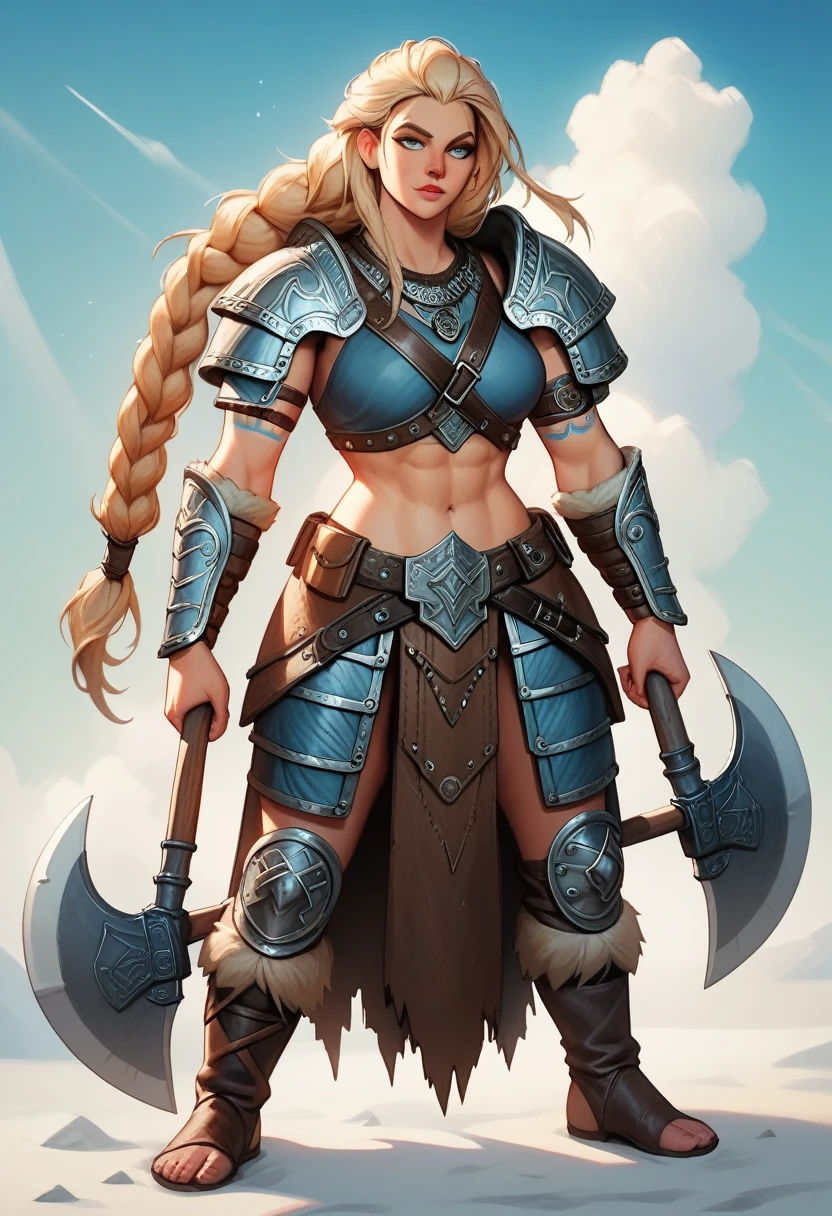 (Masterpiece), very detailed, expressive eyes, perfect face, Viking themed, Viking girl, 1girl, solo focused, long braided hair, cerulean eyes, lean muscle, wolf pelt, blue tribal tattoo, leather armor, metal shoulder guards, impatient expression, petting a dragon, axe holstered, tall, full body, holding axe, dragon