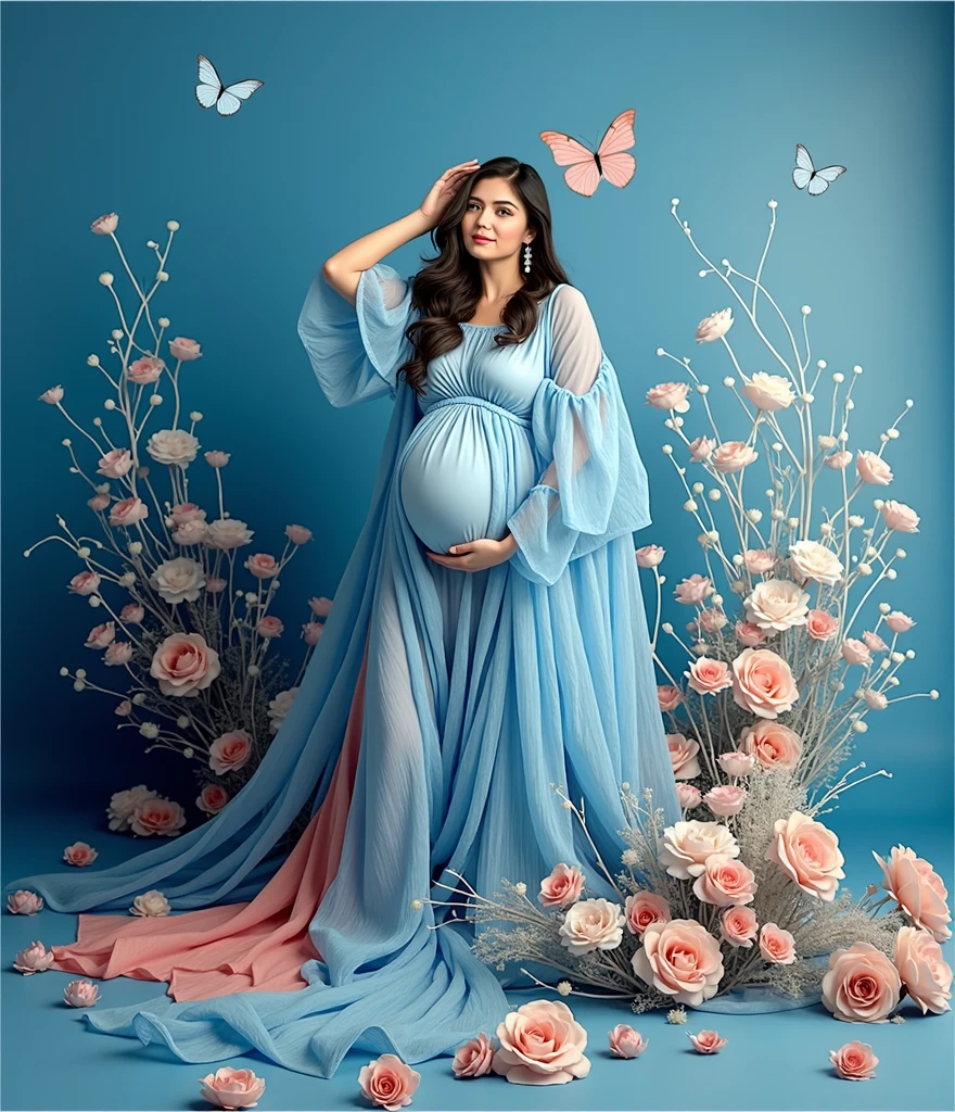 pregnant woman in blue dress posing for a photo with flowers and butterflies, a colorized photo by Elena Guro, trending on cg society, romanticism, blue and pink, cyan photographic backdrop, blue and pink color scheme, full body portrait shot, blue and pink colors, maternal photography 4 k, full body photoshoot, pink and blue colour, light blue dress portrait