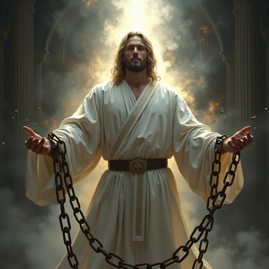 Create an Image of a male front with a shining white Hebrew garment and a slight fire around it, in his hands Breaking thick bronze chains Falling to the ground the links of the chain. Behind the Holy Spirit black background dark and evil shadows moving.
