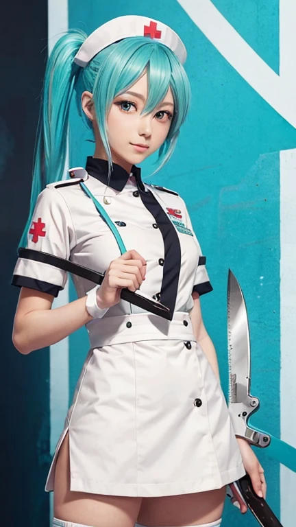 anime character in uniform with knife and knife in hand, Shitao's anime drawing, trending on pixiv, Furry art, Anime girl with turquoise hair, Mikudayo, clean detailed anime art, Nurse, hatsune miku short hair, Pure anime art, best rating on pixiv, I&#39;m holding a syringe!!, detailed anime images