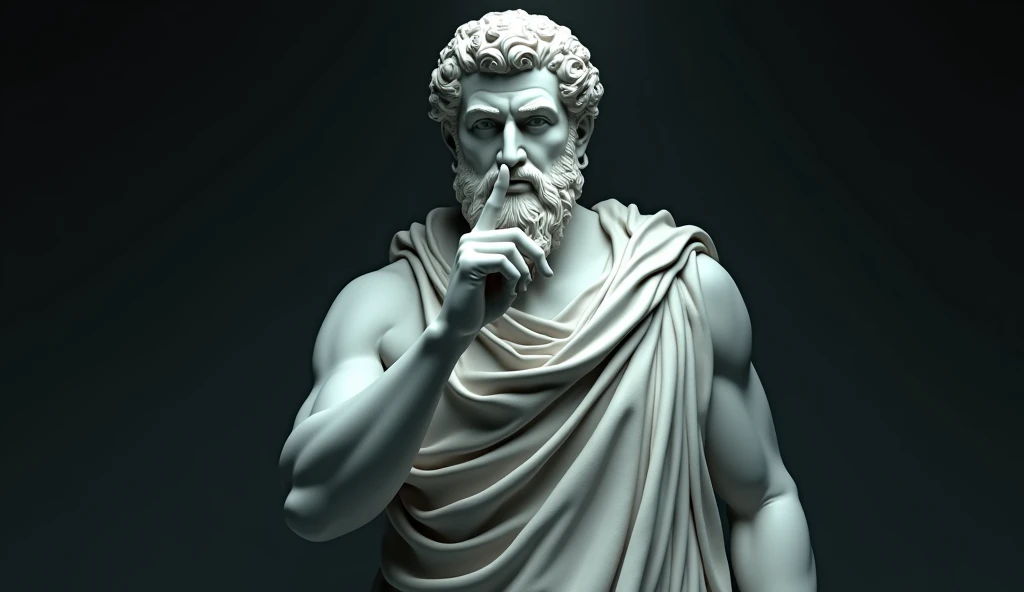 Uma estátua de mármore branco grego realisitic de Aristóteles, brawny, brave and scary, detailed wearing a ghostly toga, neutral background, temperamental, , Fotorrealisitic, Horror Movie Dinner, super detailed, Hiper realisitic, dark galaxy background, , close-up, serious face with finger on mouth as a sign of silence, realisitic, serious