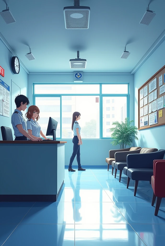 Anime style shot of a police station reception area