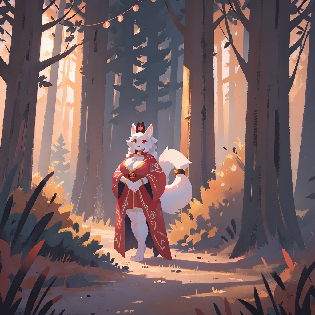 Female white and red kitsune, Mostley white fur, black crown, big breasts, big thighs, big ass, red patterns on body, red swirls on body, red tipped ears, 3 white fluffy tails with red tip attached to back of pelvis, Pretty red eyes, white fur tufts, wearing red and black royal robe that covers her chest and thighs and ass, smile,2d,4k,8k,detailed,hi res,absurd res, collar, in forest, happy, facing the camera, standing, bracelet on left arm, tree background, pretty, thicc, mommy, cult leader, Safe For Work, The Red Crown