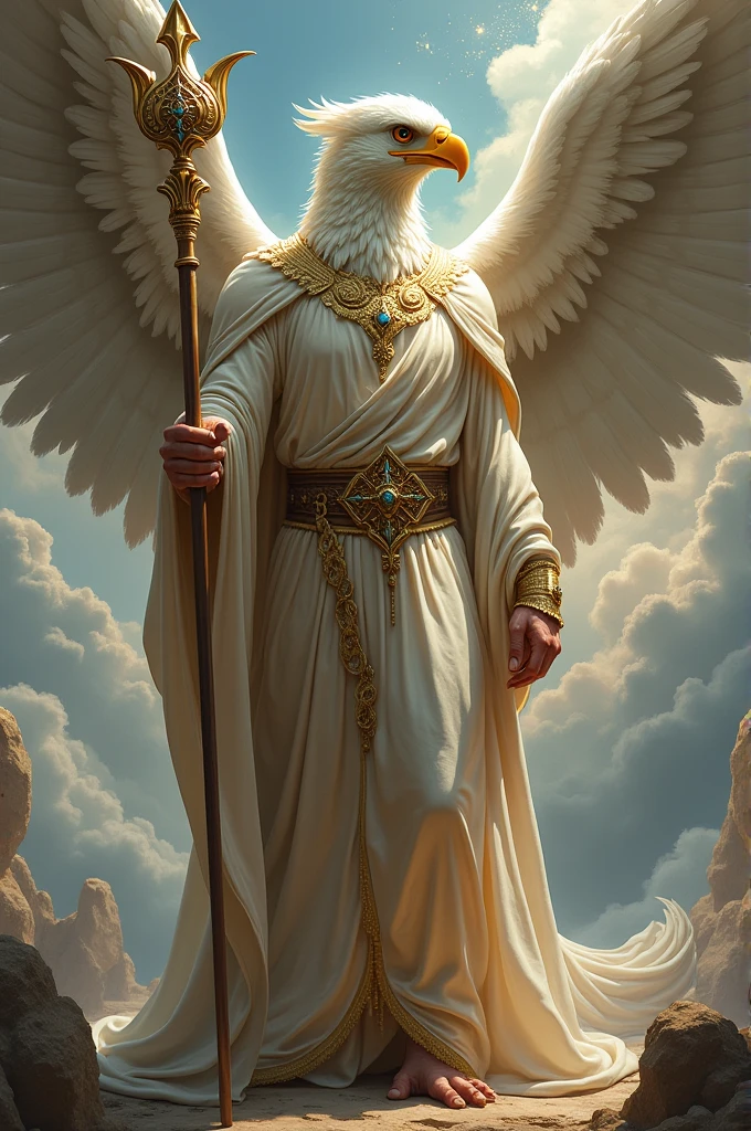 An image of an angel with a large eagle's head and a human body with a tunic and a scepter in his hand