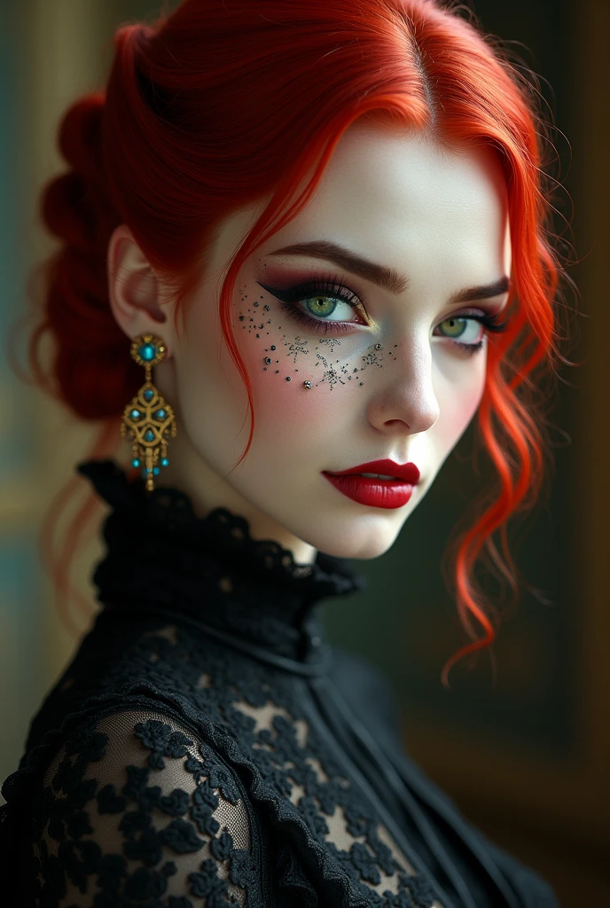 A very beautiful toreador vampire with extremely red hair, she has one blue eye and one green eye, she also has freckles, She has noble origins and is very fond of jewelry and always wears high heels., your high heel is elegant and chic, at the moment she is wearing modern 21st century clothes